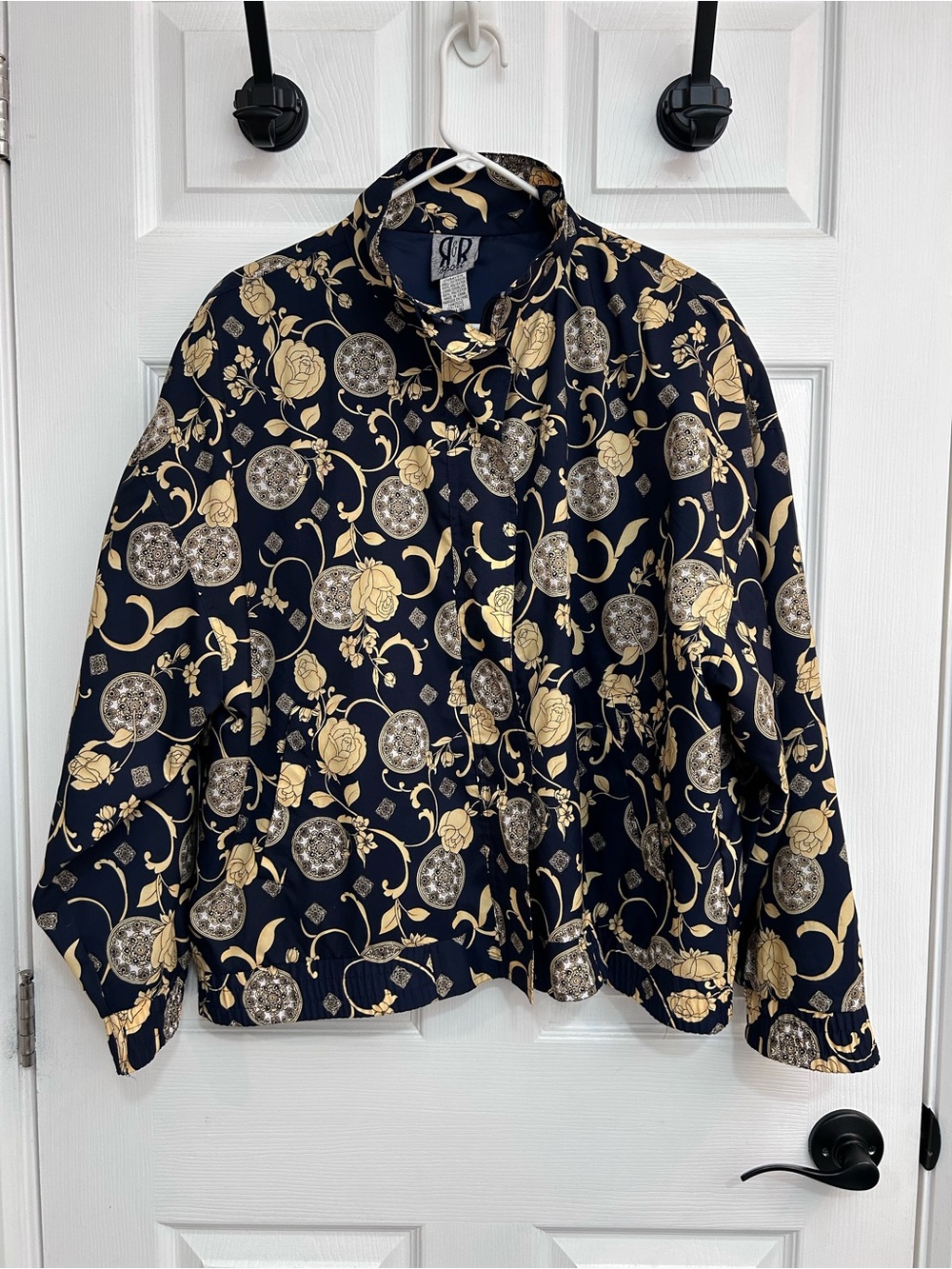 Vintage R&R Sport Navy Bomber Jacket with Gold Rose & Medallion Print